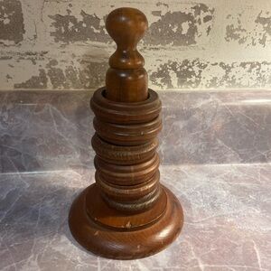 Vintage Wooden Napkin Rings & Holder - Brown
